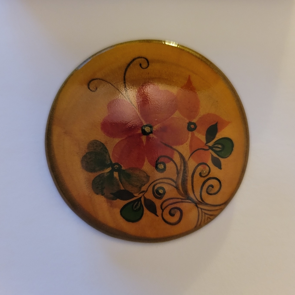 Vintage Handpainted Olive Wood Brooch